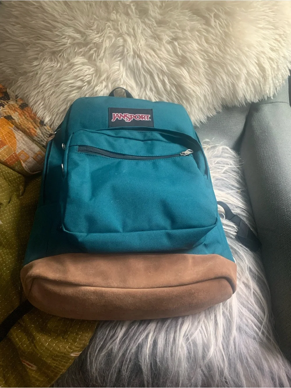 JanSport Teal Backpack with Brown Suede Base - Classic pack